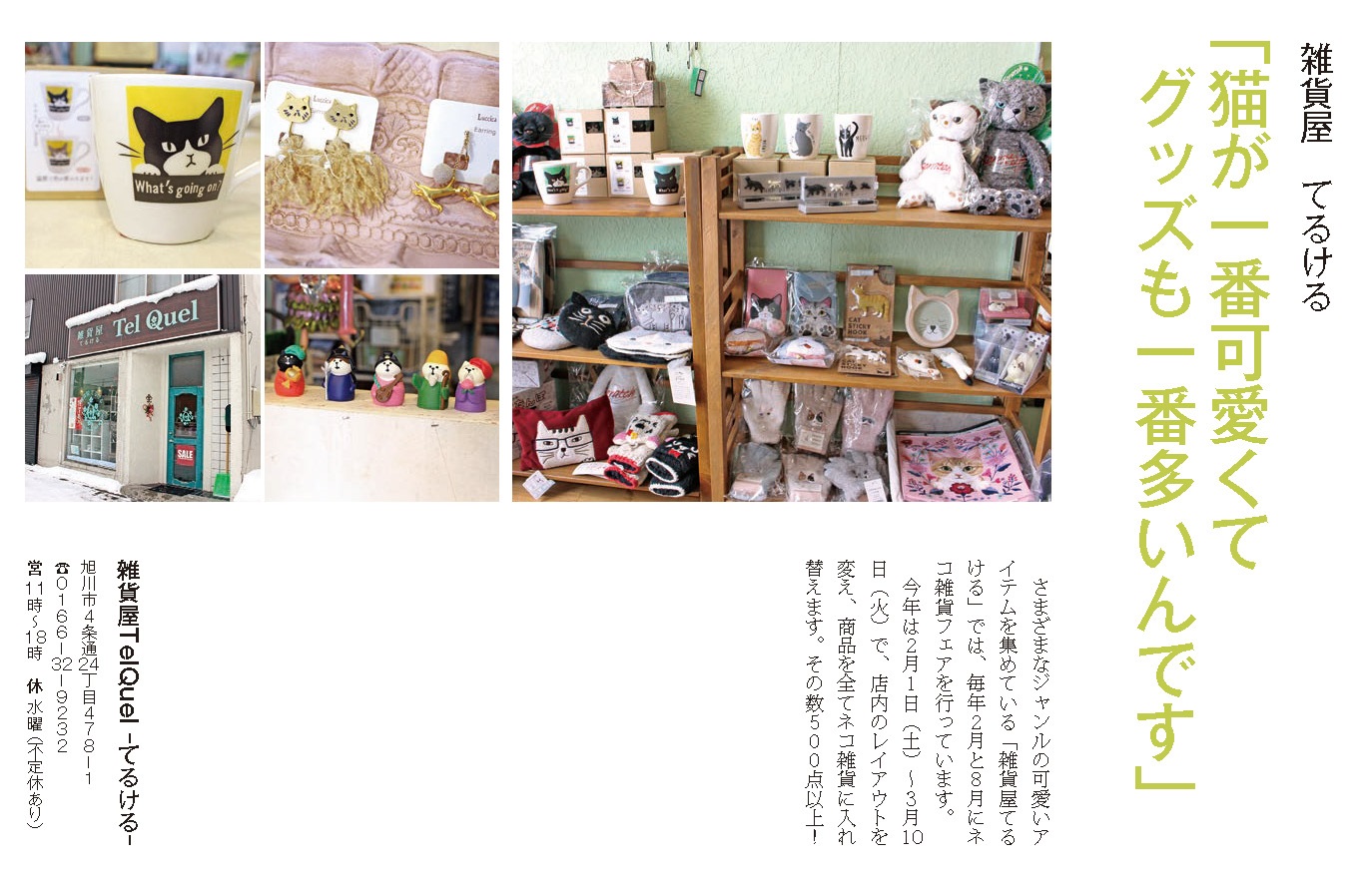 グラフ旭川 グラフ旭川２月号特集 猫がいちばん で 雑貨屋てるける さんを紹介しています 毎年 2月と8月に店内全商品を レイアウトも入れ替え 猫雑貨約500点超を取り揃える 猫雑貨フェア を開いています T Co Zkvdmwryrt Twitter