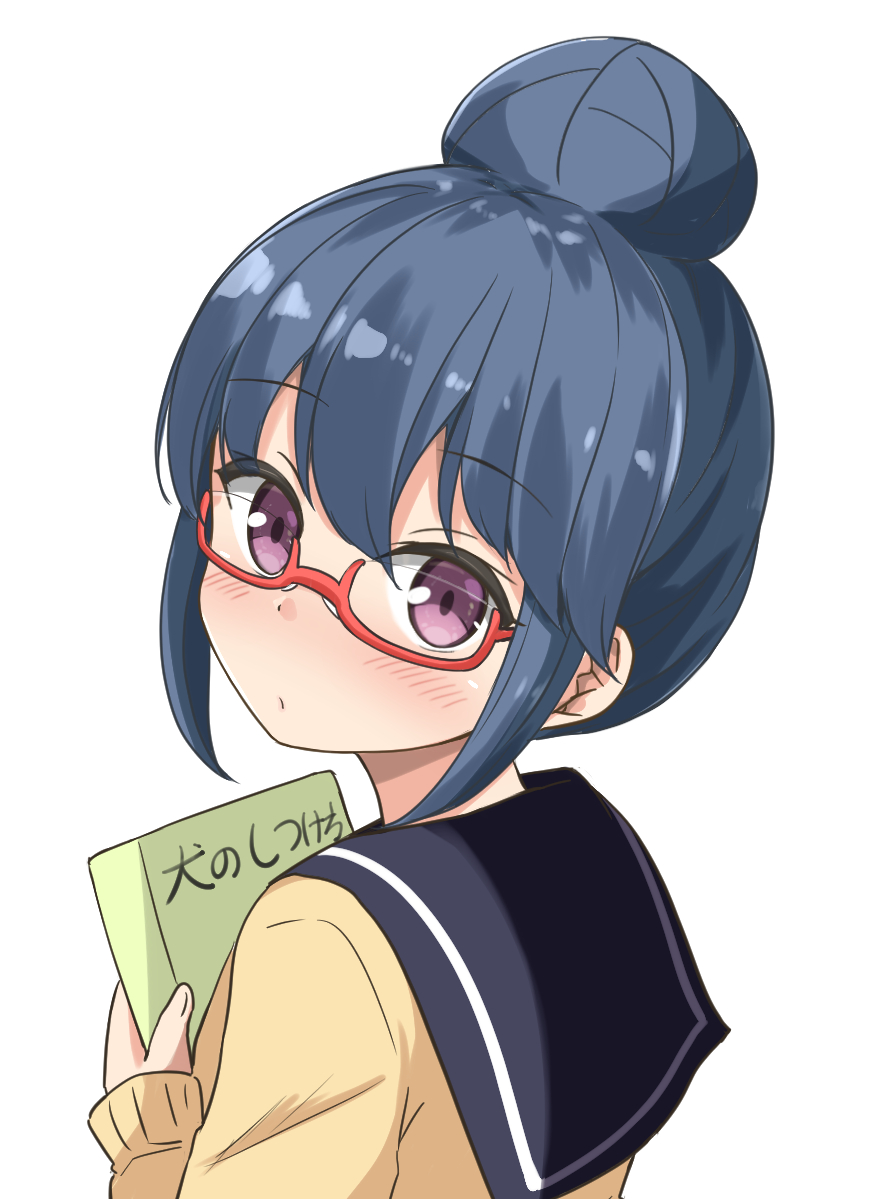 shima rin 1girl solo motosu school uniform white background hair bun single hair bun glasses  illustration images