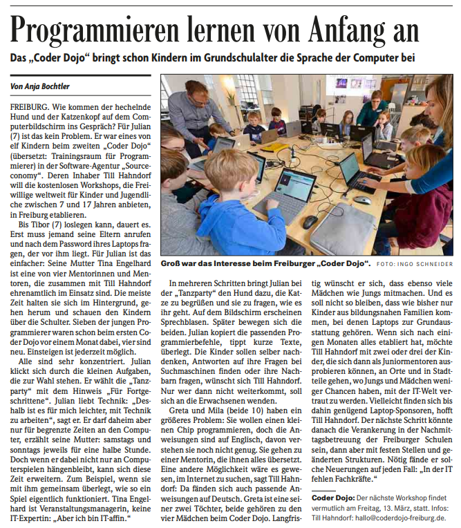 CoderDojo's tweet image. Well done to CoderDojo Freiburg in Germany, who had their 2nd session featured in the local news!
They’re making big plans to bring in more girls, to encourage Ninjas to become youth mentors & to reach out to kids in disadvantaged areas to join the Dojo 🙌
#CoderDojoStories