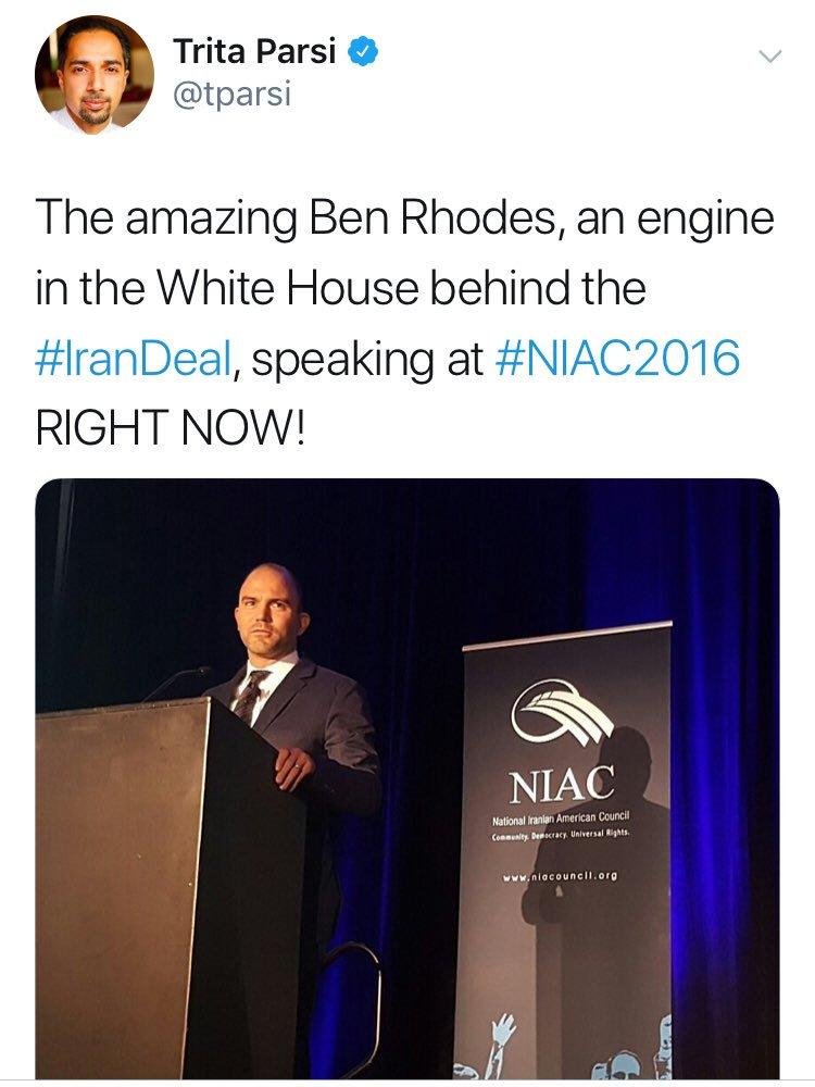 12)Rhodes also attended NIAC sessions & had close relations with the Tehran lobby group.NIAC founder Trita Parsi is a known lobbyist of Iran's regime & enjoys exclusive access to senior Iranian officials.