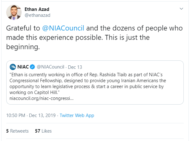 14) @ethanazad is a staff member of  @RepRashida's office & handles a "broad legislative portfolio, helping Tlaib’s office on foreign affairs… and government oversight."Azad is quite vocal in defending Iran’s IRGC, designated as a terrorist organization by the U.S.