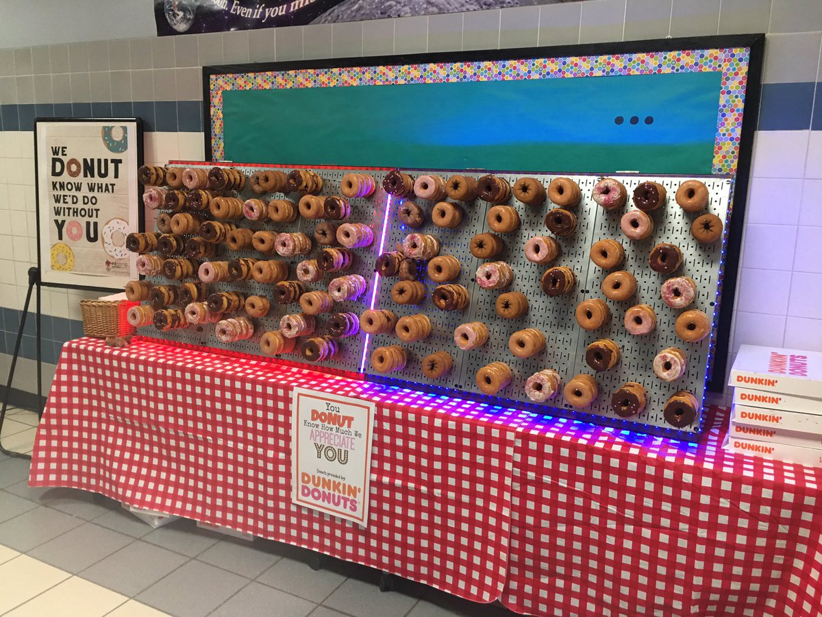 MaryHadley8's tweet photo. Thank you @dunkinNRH for supporting the @BirdvilleISD #BISDedcampMS @nrmscats with a wall of delicious donuts! #BISDShines #BirdvilleLearns #CelebrateMonday #TrendThePositive https://t.co/bj0vJJd2K3