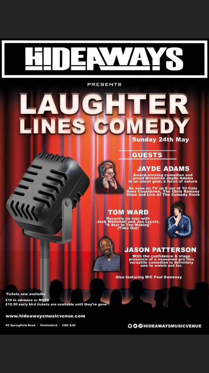 Hideaways Music Venue (@hideawaysvenue) on Twitter photo We have launched our comedy nights at Hideaways! The first one is Sunday 24th May, the bank holiday weekend. We have 4 top class comedians, 1 or 2 you may have seen on some of the best shows on TV! See you there! <a href="/jaydeadams/">Jayde Adams</a> @tomwardvoice We have launched our comedy nights at Hideaways! The first one is Sunday 24th May, the bank holiday weekend. We have 4 top class comedians, 1 or 2 you may have seen on some of the best shows on TV! See you there! <a href="/jaydeadams/">Jayde Adams</a> @tomwardvoice