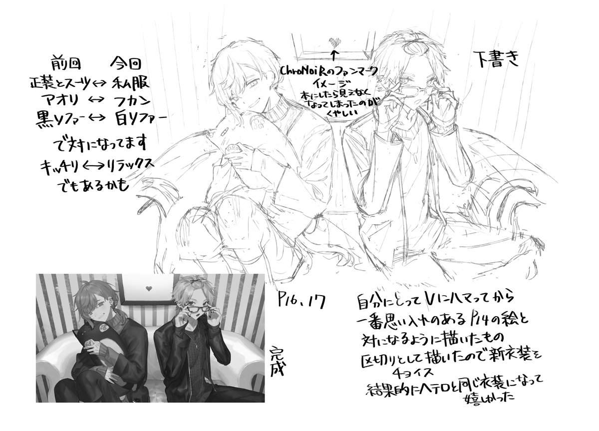 #にじそうさく03 
セットに付くノベルティのサンプルです～
新刊に収録している全ての絵のラフや裏話などをまとめた本になっています。絵の順番も対応しているため一緒に持ってるとイラスト本がより楽しめるかなと思います…!あと字が手書きなので汚いです!!!(重要)
B520p横長本ですよろしく? 