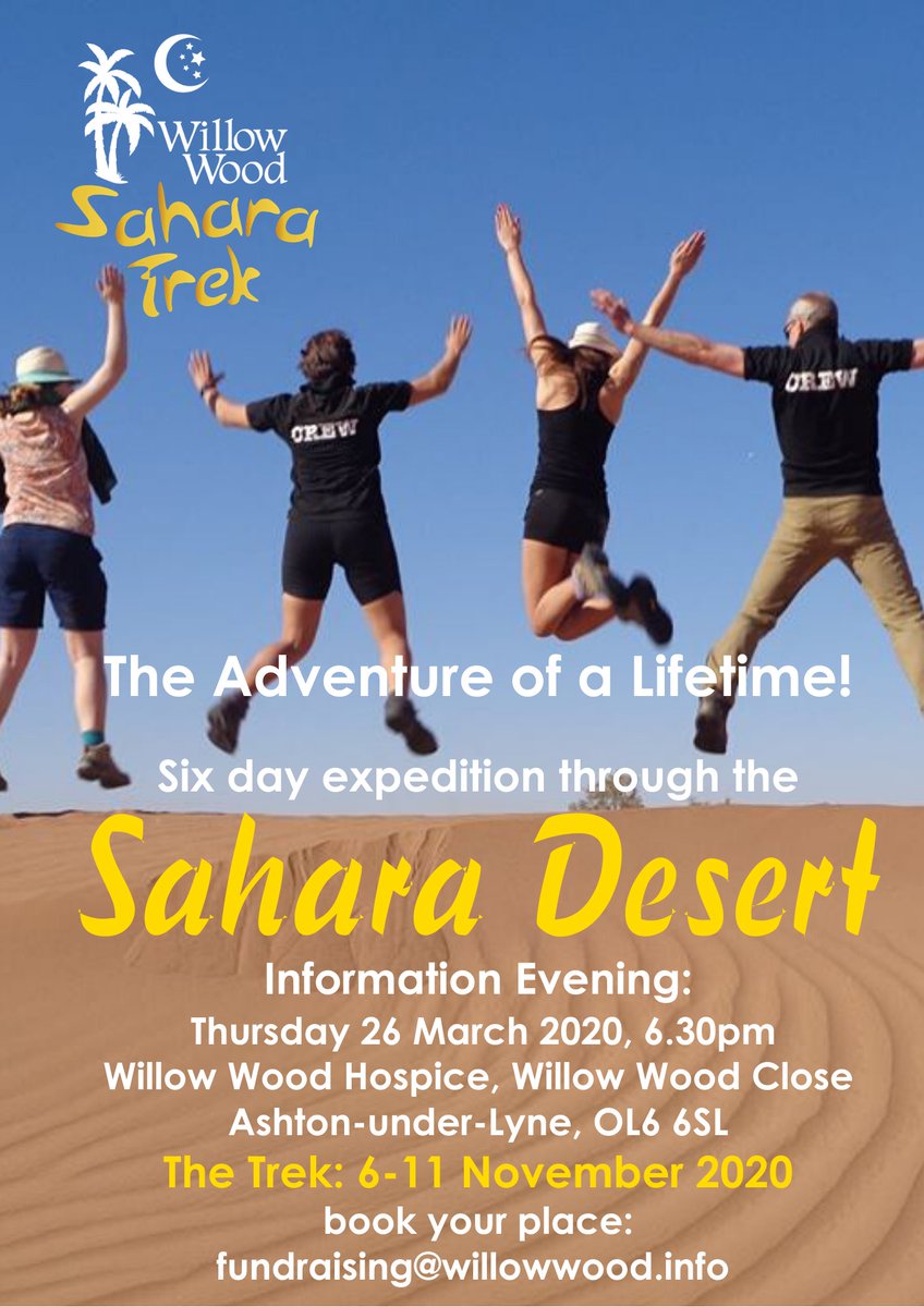 willowwoodh's tweet image. Find out more about our #SaharaTrek at an Information Evening, Thurs 26 March here at Willow Wood. Sample Moroccan cuisine, meet other Trekkers, find out how you can be part of #adventureofalifetime! book your place:  fundraising@willowwood.info