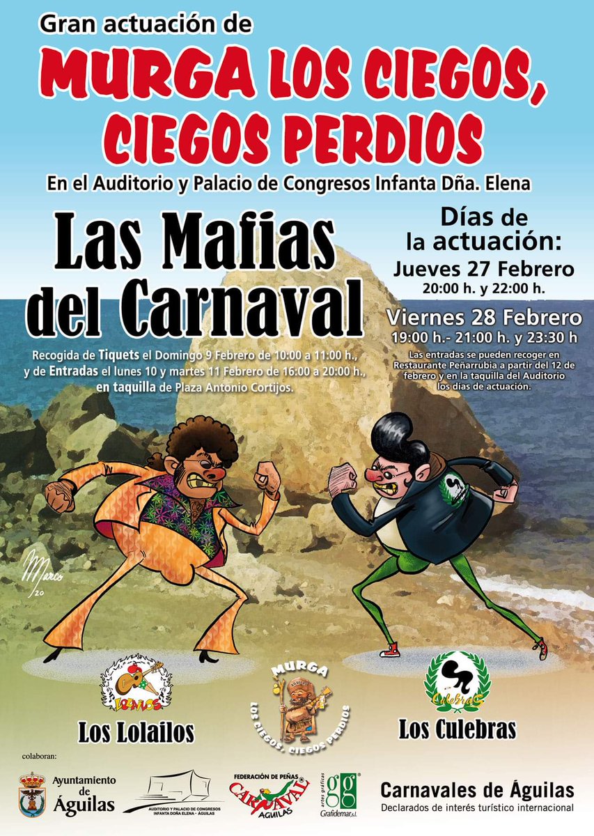 Murga Los ciegos, ciegos perdios. 

Jueves 27, 2 pases 20:00 horas y 22:00 horas.
Viernes 28, 3 pases 19:00h, 21:00h y 23:30 horas.
<a href="/AYUNTAGUILAS/">AYTO. DE ÁGUILAS</a> <a href="/MurgaLosCiegos/">Murga Los Ciegos</a> <a href="/Aguilas_Turismo/">Turismo Águilas</a> @AGNoticiasCom <a href="/EnAguilas/">Aguilas Actualidad</a> @vive_elcarnaval <a href="/AguilasRadio/">Águilas Radio</a> <a href="/ondaaguilas/">todoaguilas</a>