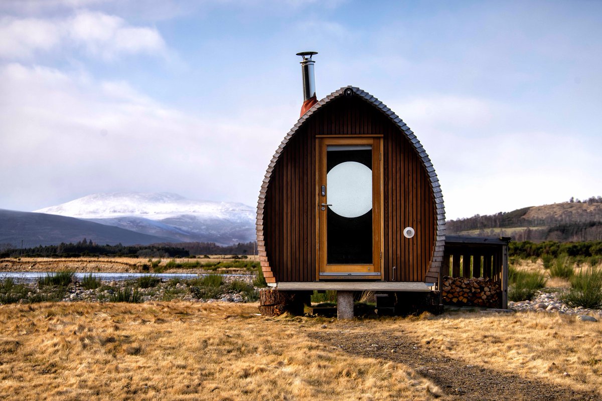 Our fishing hut looks awfully majestic against the backdrop of the snow topped Corbett of Morven. Fantastic photo taken by Martin Bennie Photography #glentanar #morven #corbett
