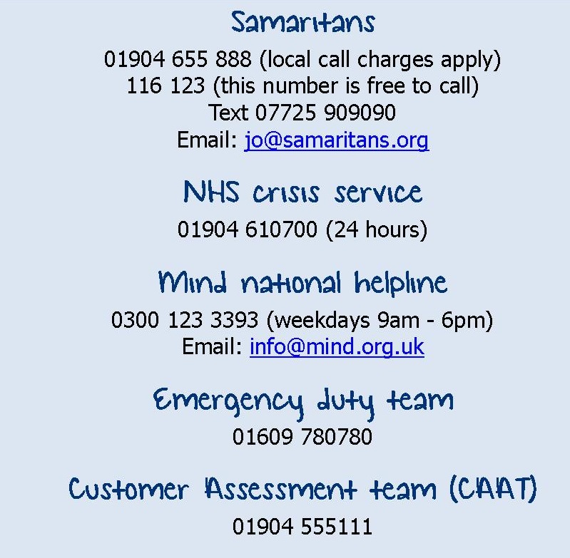 (1/2) We're aware that this weekend's sad news about Caroline Flack's suicide may have been triggering for lots of our online followers. Whilst York Mind do not provide immediate crisis support, here is a list of organisations you can contact if you feel you need to talk: