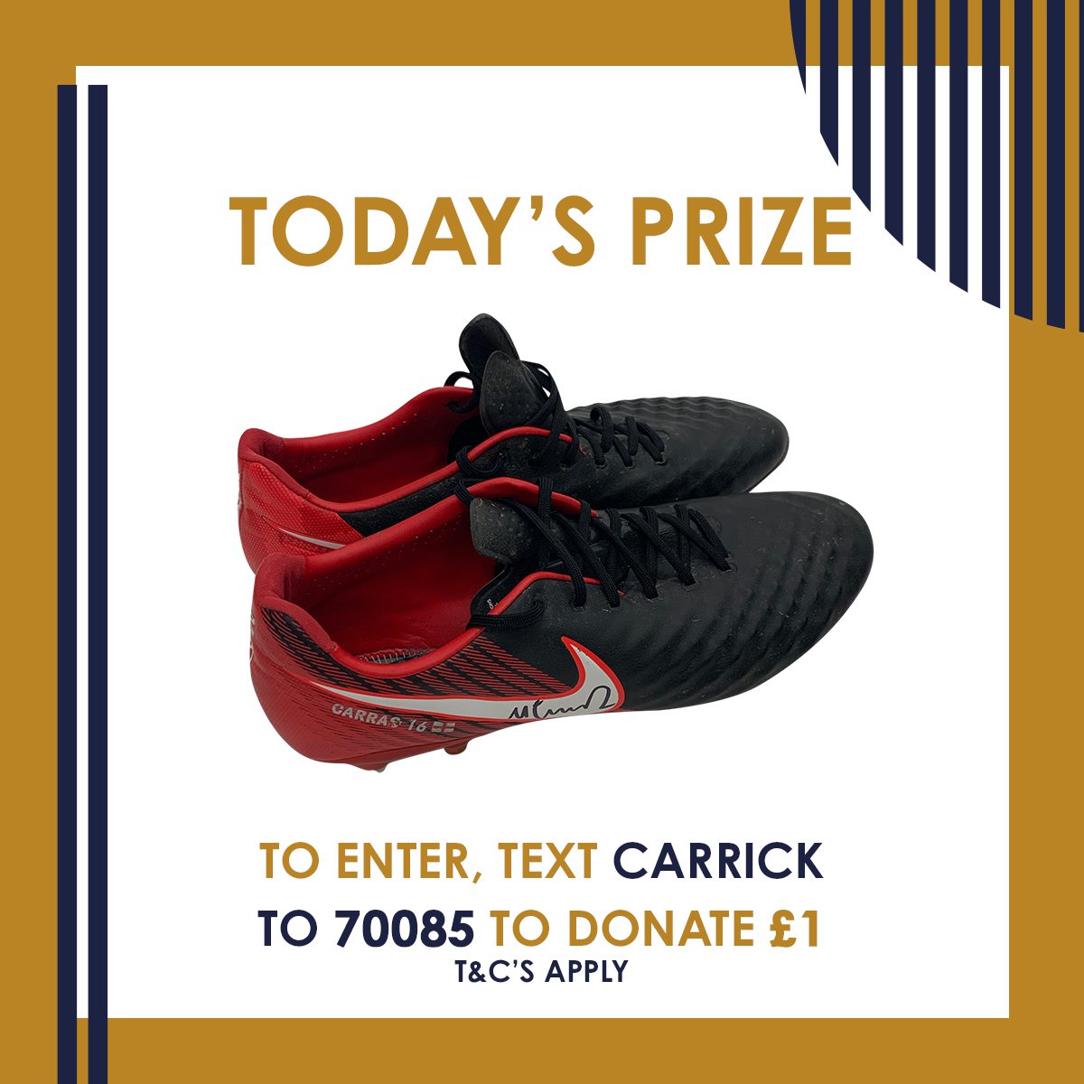 IT'S OUR BIRTHDAY! 🎉🎉🎉 #Carrickssuper16 Day 1⃣! Today you can be in with the chance of winning a pair of Michael's very own signed boots.👟️⚽️ Text 'CARRICK' to 70085 to donate £1 and be entered into today's prize draw! The winner will be announced in 24 hours. 🤳