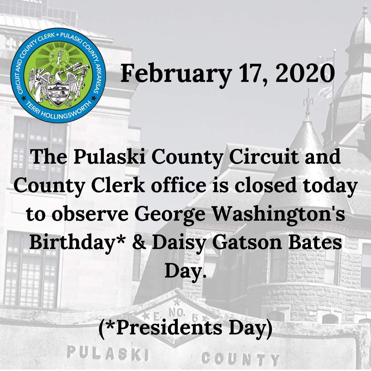 The Pulaski County Courthouse and the Circuit and County Clerk’s Office are closed today. We will resume our regular business hours tomorrow, February 18, 8:00 a.m. - 5:00 p.m.

Early voting in the March 3, 2020, elections begins tomorrow!

#arpx #arleg #PulaskiVotes #vote2020