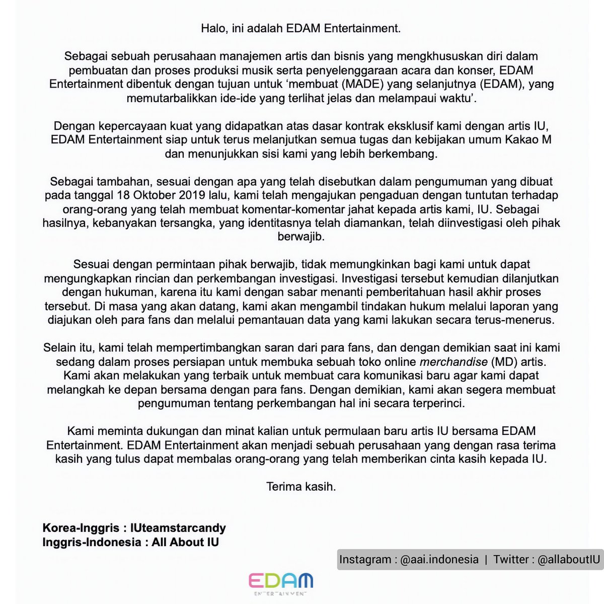 allaboutIU's tweet photo. [TRANS-INDO] 200217
Pernyataan agensi baru IU, EDAM Entertainment

- Visi
- Tindakan hukum yang diambil
- Toko merchandise online
- Permulaan baru bersama IU

Twitter: @edam_ent 
Instagram: https://t.co/CLIeVf4ZCy

#IU #아이유 #EDAM #EDAMEnt #EDAMEntertainment https://t.co/aAHkV27mGH