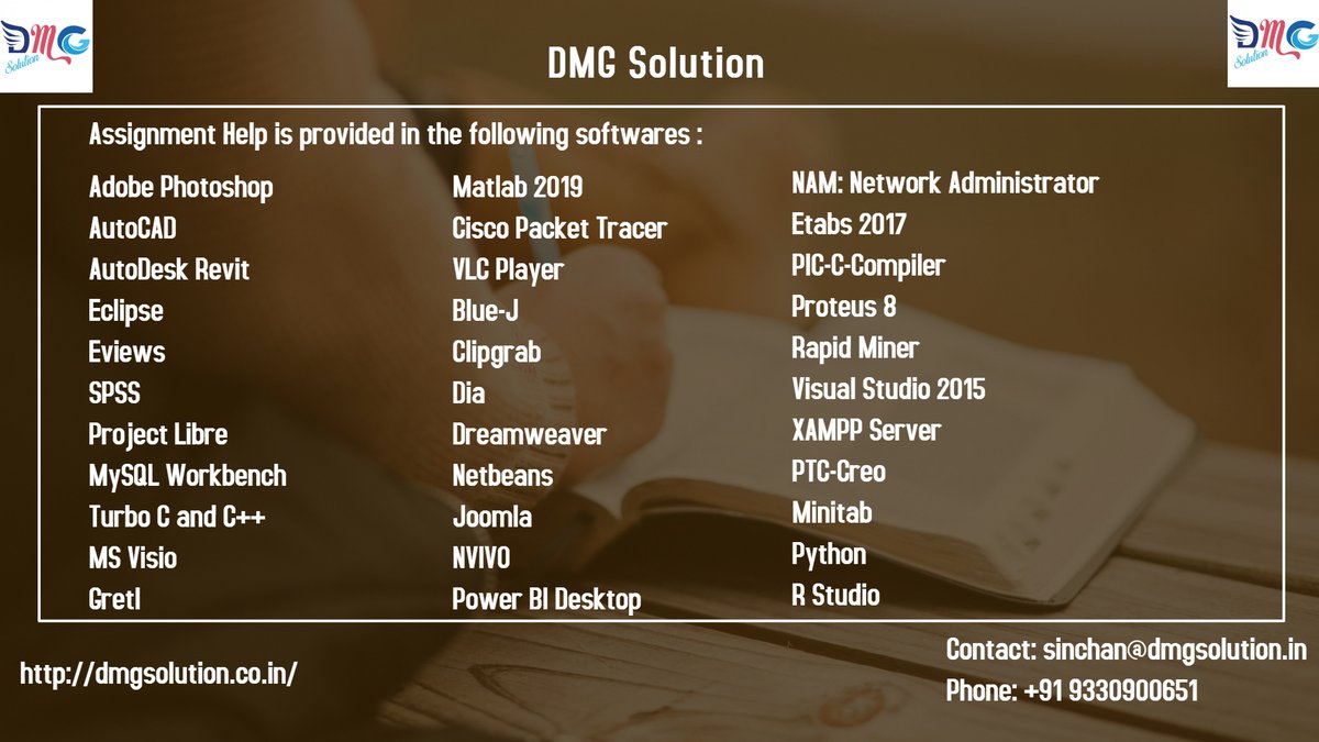 DmgSinchan's tweet image. We at DMG Solution provide assignment help in all fields and specialise in technical projects.
Contact us : sinchan@dmgsolution.in
Phone: +91 9330900651
#DMGSOLUTION,#ASSIGNMENTHELP,#matlab,#pythonassignment,#softwareassignment #javaassignment #academichelp #dissertationwriting