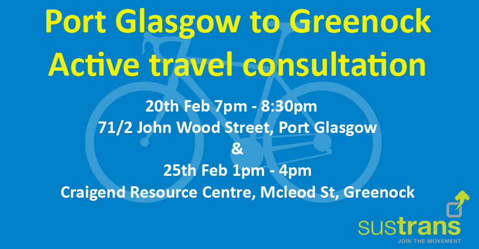 Sustrans and Community Tracks are jointly running two consultation events asking what can be done to make it easier to walk and cycle between Port Glasgow and Greenock.

Survey: surveymonkey.co.uk/r/8M8G9PC

Event Tickets: eventbrite.co.uk/e/east-greenoc…