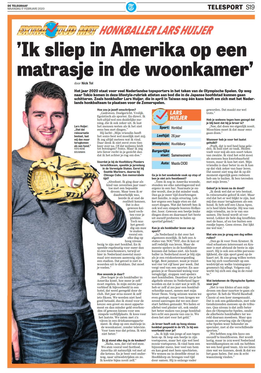HonkbalSoftbal's tweet photo. In de rubriek "Extra tijd met" in de Telegraaf komt vandaag #TeamKingdomNL werper Lars Huijer aan het woord! https://t.co/d8gcZzkJTv