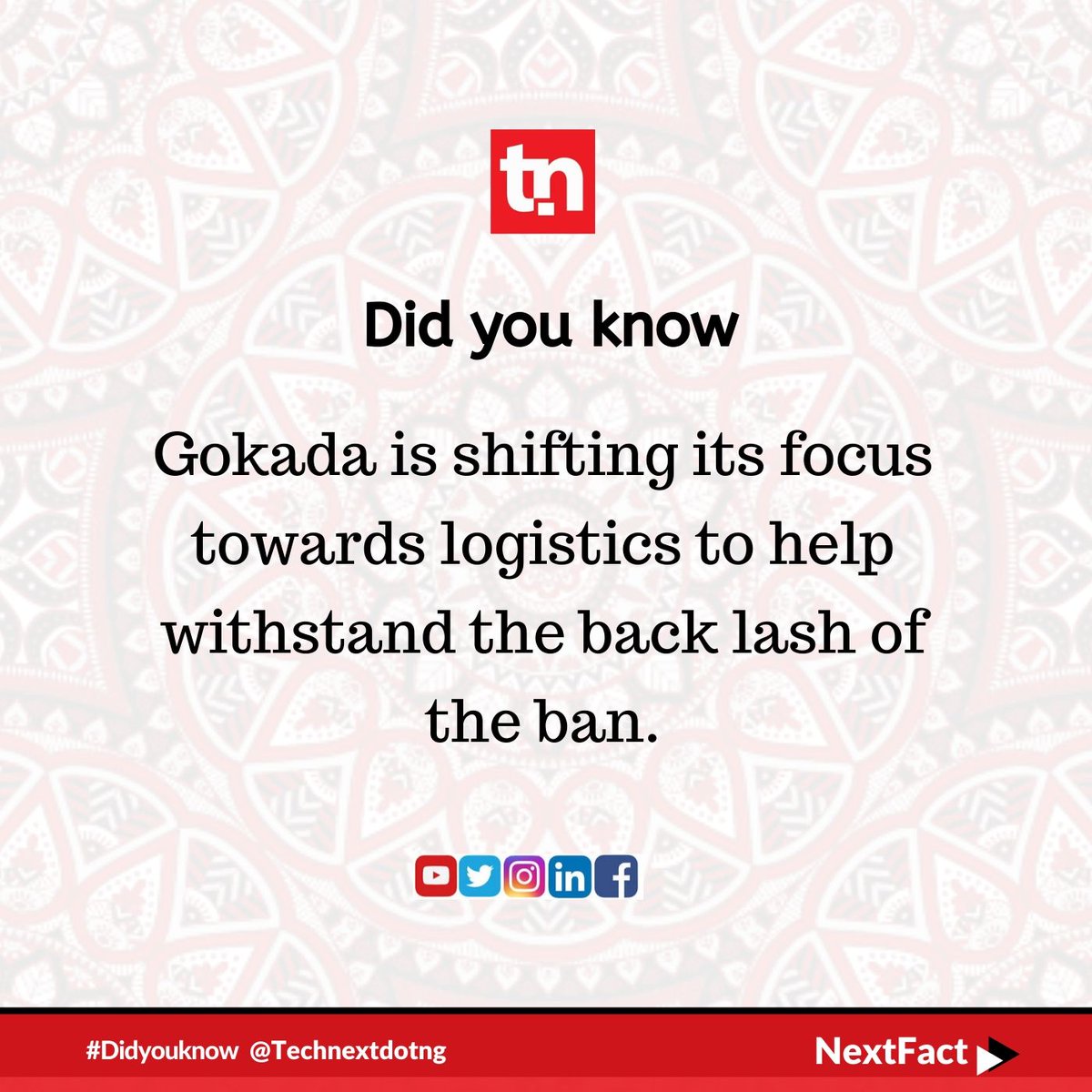 technextdotng's tweet photo. #NextFact #Didyouknow?
@Gokada is shifting its focus towards logistics to help withstand the back lash of the ban.
Read more:
https://t.co/QX3HA0aXbQ
#WeareTechnext #Technews #Reviews #Analysis #Business #Okadaban" https://t.co/AJkZUHCEZ1