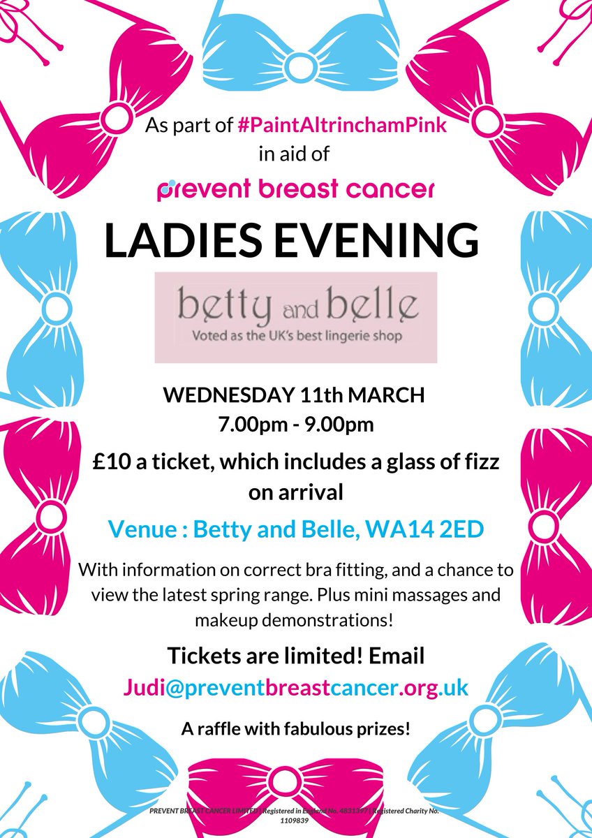 wearepreventBC's tweet image. @BettyandBelle are holding a Ladies Evening on Wednesday 11th March as part of #PaintAltrinchamPink

Tickets are £10, which includes a glass of fizz on arrival 🎀

Lots going on during the evening, and tickets are limited, so email Judi@preventbreastcancer.org.uk today!