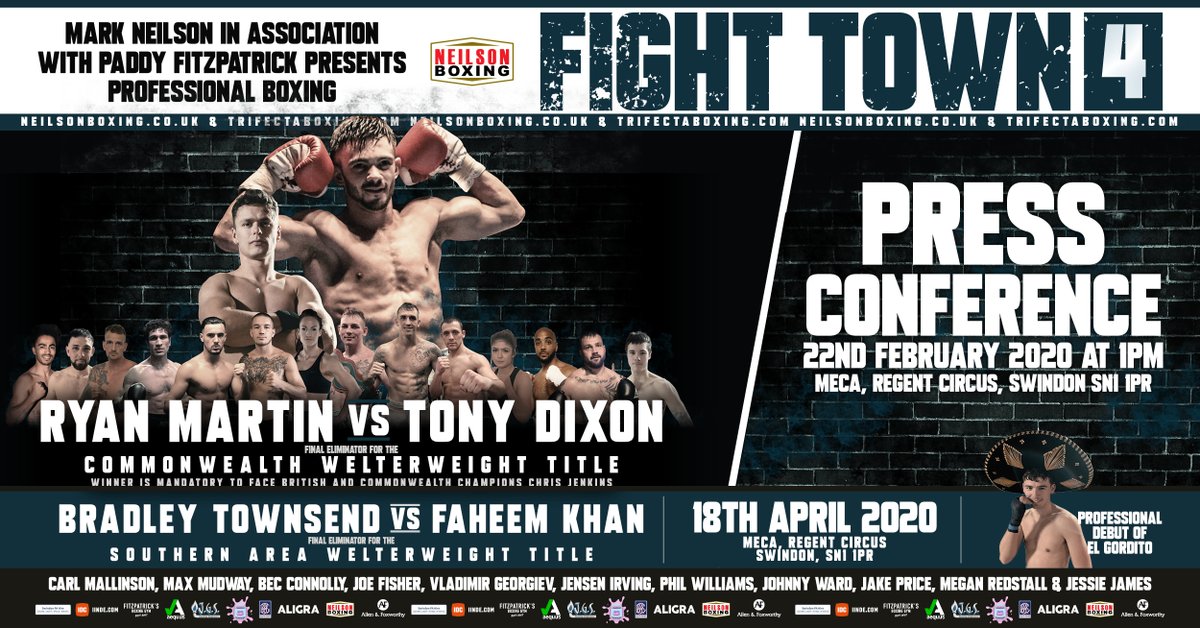 NeilsonBoxing's tweet photo. 🚨 Fight Town 4 launch presser to take place on 22nd Feb at MECA, Swindon 🚨
All public and press welcome - see you all there 👊🏻
📅 22nd Feb
⏰ 1 pm
🏟 Swindon Meca
@JGSswindon @paddyboxing
#Aequus #KeepEmSweetUK
#FitzpatricksBoxing
#FightTown #ProfessionalBoxing #Swindon https://t.co/q3GKRwp032