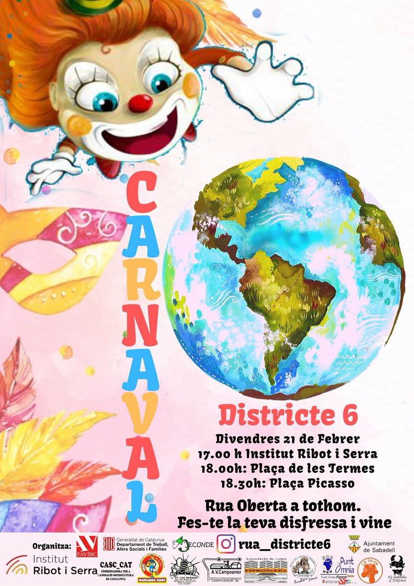 omniaespronceda's tweet photo. El proper divendres, #carnestoltesD6SBD.

Esperem que sortiu al carrer amb nosaltres, amb alguna disfressa i gaudiu de la rua per tot el #districte6 #Sabadell. I, festa de cloenda a la Pl. Picasso.

Us esperem a totes i a tots. Salut i força!🤡🌏🌲🌻💚🎨
#viuelsbarris #elsudmola https://t.co/VtfK6SEb19