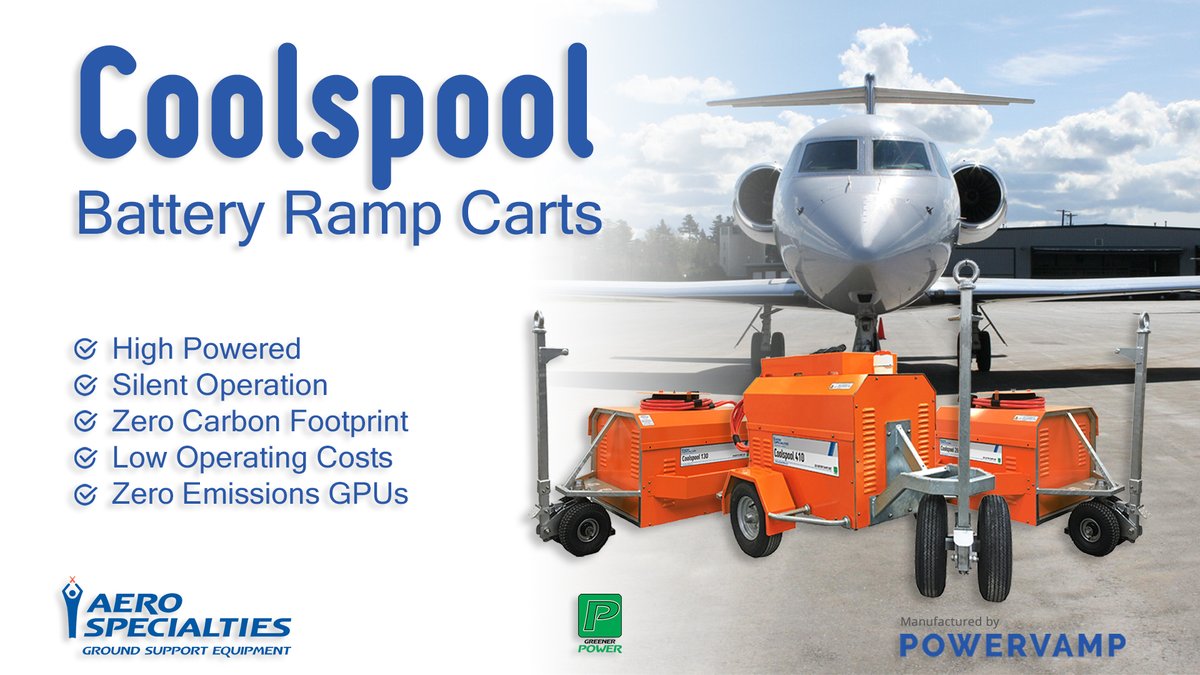 Manufactured by <a href="/Powervamp/">Powervamp</a>, the Coolspool Battery Ramp Cart range operates at a fraction of the cost of large, noisy diesel GPU’s. 

For full information on the Coolspool range of battery ramp carts:
powervamp.com/dc-battery-ram…
#powervamp #aerospecialties #aviation #greenerpower