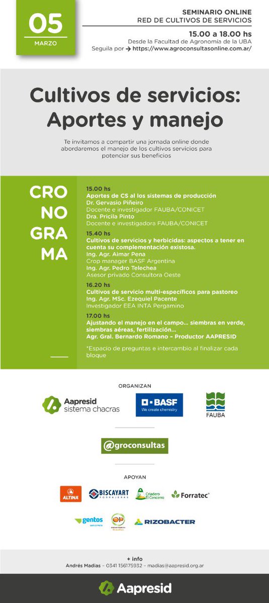 Los esperamos el próximo 5 de Marzo en el seminario “Cultivos de Servicio”. Gracias a los organizadores por la invitación. <a href="/CS_Divulgacion/">Cultivos de Servicios</a> #cultivosdeservicio <a href="/aapresid/">Aapresid</a> <a href="/BASF_Agro_ARG/">BASF Agro Argentina</a> <a href="/agroconsultas/">agroconsultasonline</a>  @FAUBA_oficial