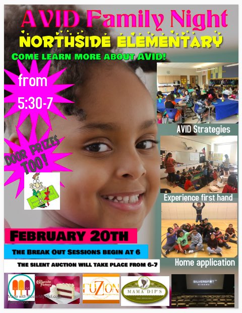 This Thursday at Northside AVID Elementary, from 5:30-7!!! Silent Auction and Door Prizes!!!