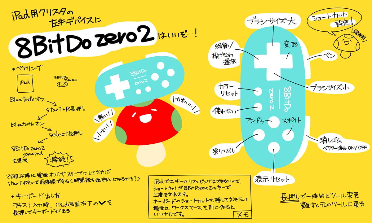 まる 在 Twitter 上 Ipadクリスタの左手デバイスに 流行りの8bitdo Zero2を導入してみました 布教と備忘録を兼ねてショートカット設定と ペアリングなどのつまづいて調べたところをまとめてみました 小さくて手軽に持ち運べるのでお絵かき捗ります 左手デバイス