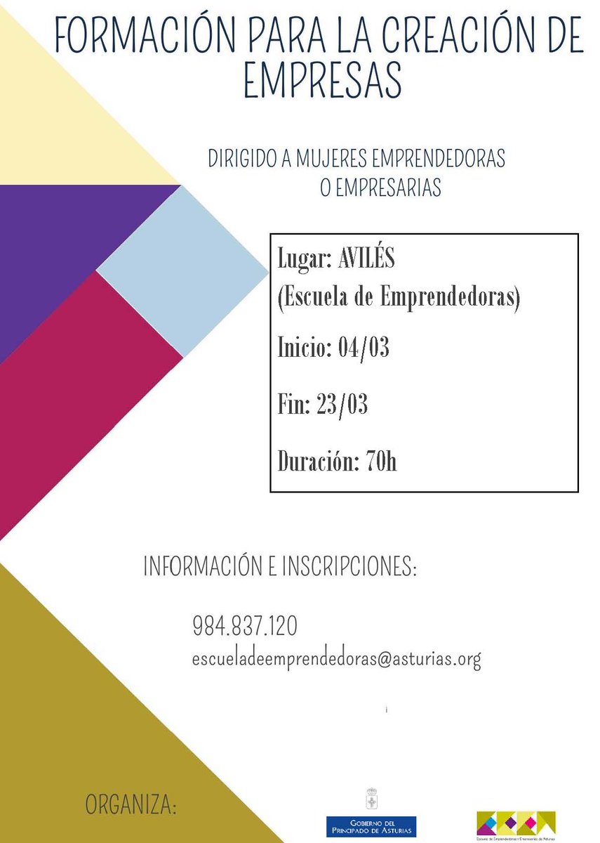 🔊 Nuevo curso de creación de empresas en la @EEEAsturias  👉🏼 Si estás pensando en emprender o ya tienes en marcha un negocio pero quieres revisar tu estrategia ¡inscríbete en esta formación! 

Más info e inscripciones: 984 837 120 / escueladeemprendedoras@asturias.org