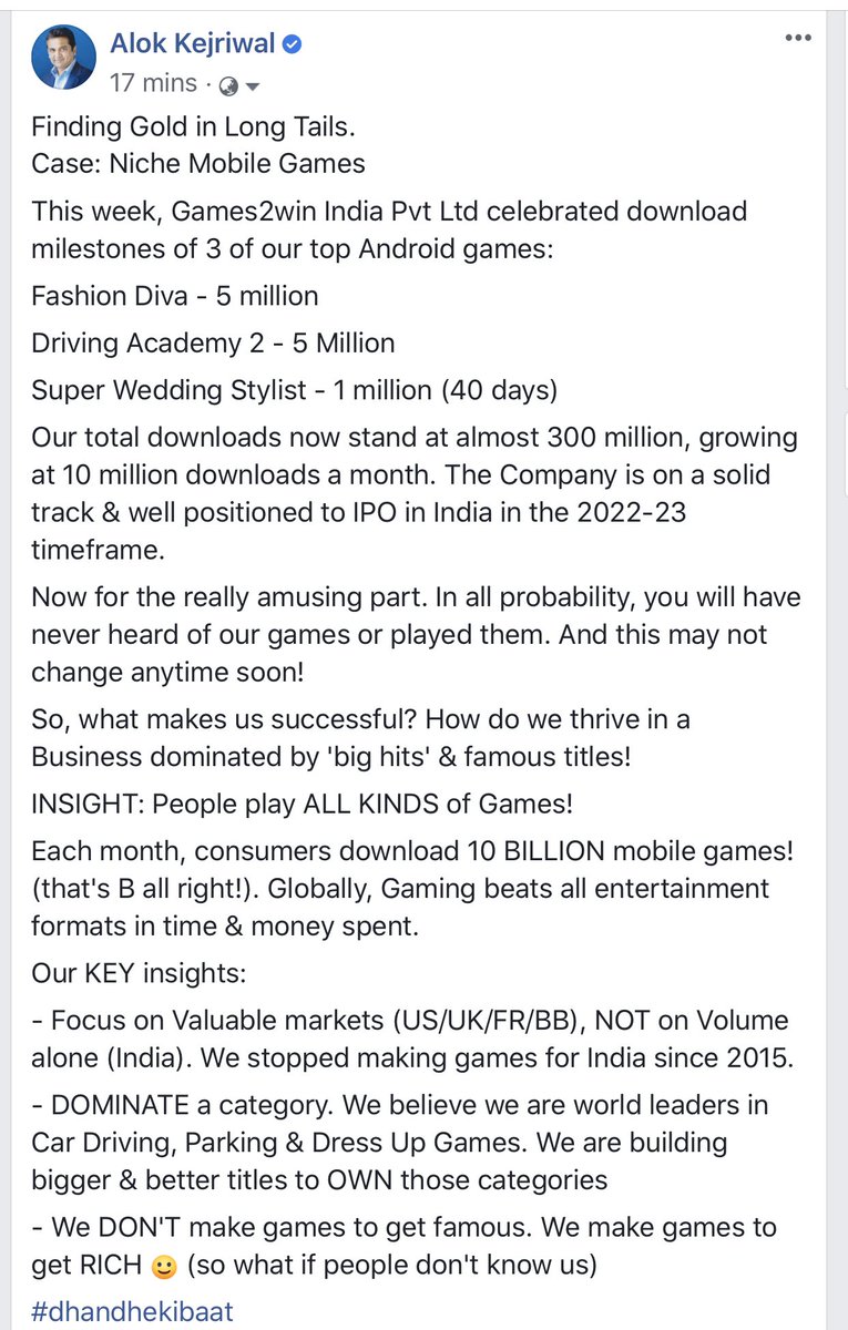 rodinhood's tweet image. As we @Games2win near 300 million downloads and firmly march towards a potential Indian IPO in 2022-23, we are clear about what makes us succcesful:
- not making games for India (no value)
- dominating NICHE game categories
- not wanting to become famous but RICH :)

Chk pics!
