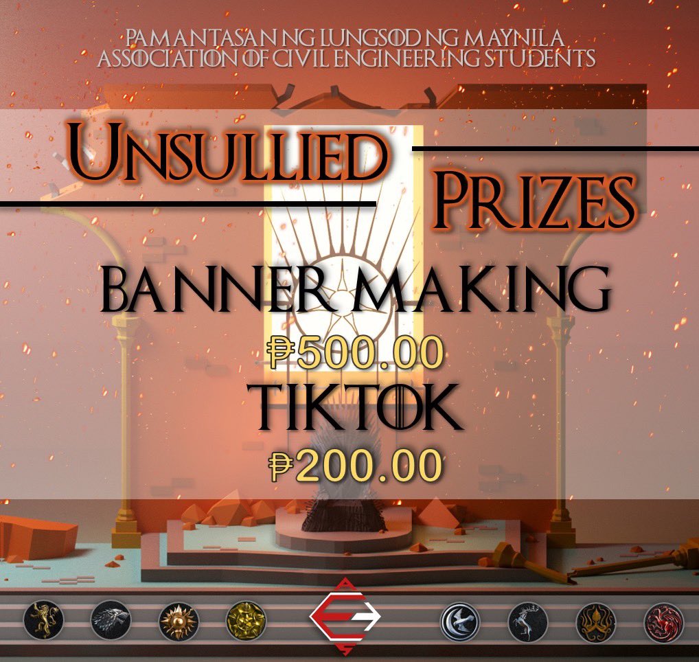 VALAR MORGHULIS: A Battle to the ACES Iron Throne
 
Here are the Unsullied Prizes for the Champion in each Athletic and Non-Athletic event.

#ForTheThrone
#ForwardACES