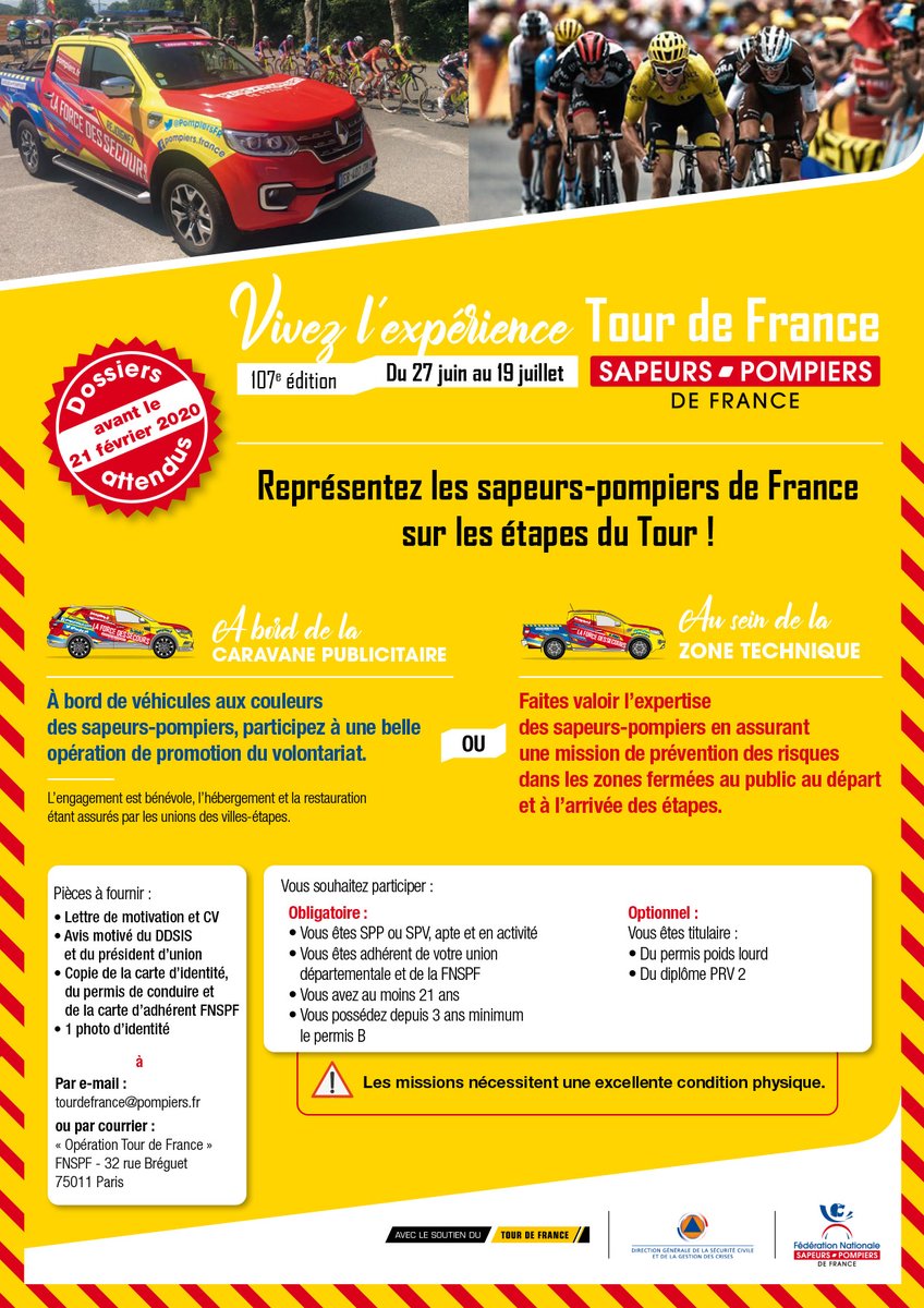 PompiersFR's tweet photo. #TDF2020 | Vous êtes sapeurs-#pompiers et vous souhaitez participer au Tour de France ? Nous vous attendons toujours nombreux pour postuler ! 🚒🚴‍♀🇫🇷 
Retrouvez l'intégralité des informations et documents à fournir sur ⤵
 https://t.co/wdWieaU3tB https://t.co/TTDrnbs5eC