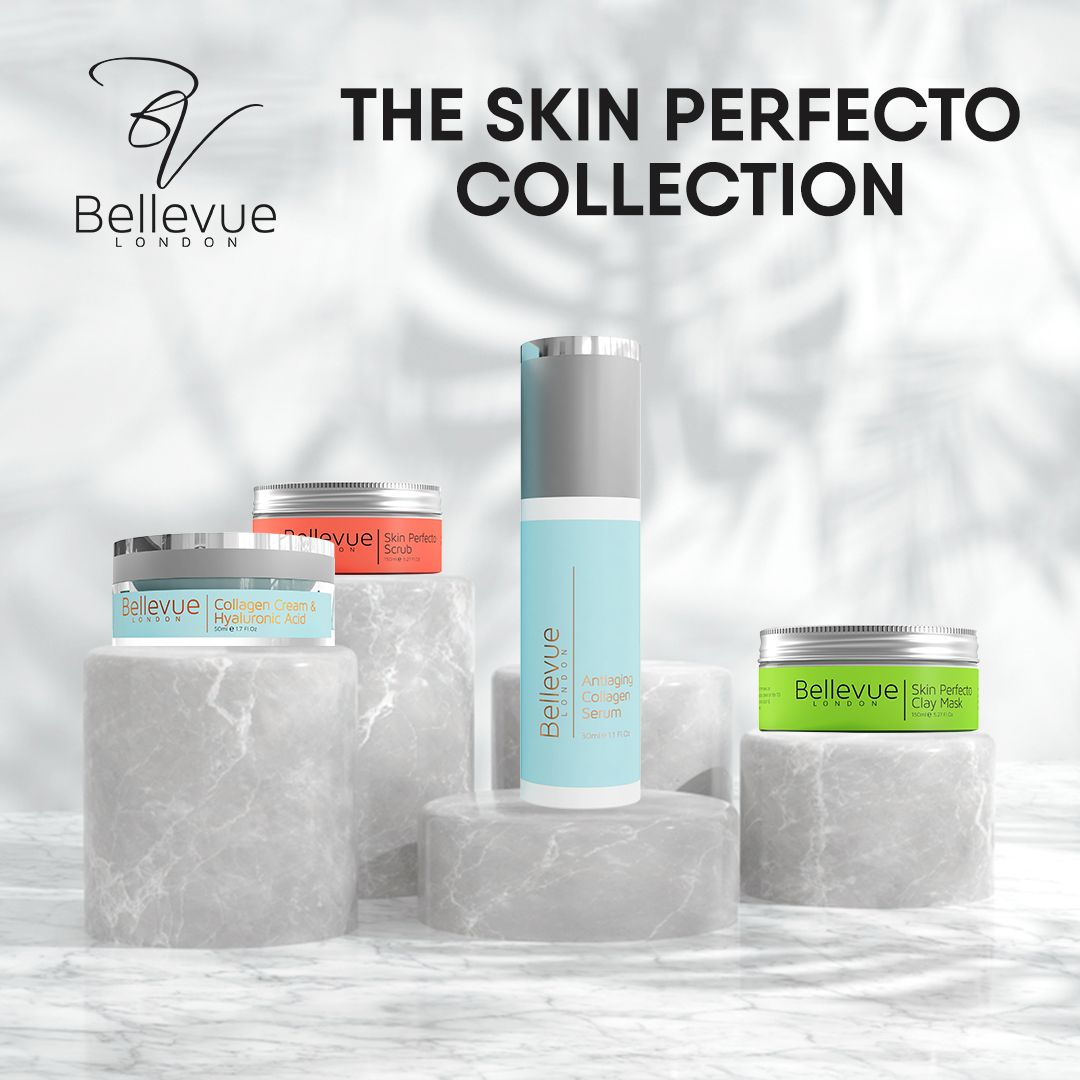 The Skin Perfecto Collection Consisting of Facial Scrub & Mask for a deep cleanse. Collagen Serum & Cream for Hydration, Protection and rejuvenation. Result Beautiful radiant looking skin #BellevueofLondon #BellevueCollection
#normalskin #careforskin #clearskingoals