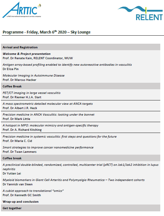 Mark your calendar: Vienna, 6th March 2020, International Symposium of the EU-funded network  RELENT on "Precision Medicine in Autoimmune Disease" summarizing 5 years of excellent pan-EU collaborations
relent.eu <a href="/RELENT_EU/">RELENT project</a>