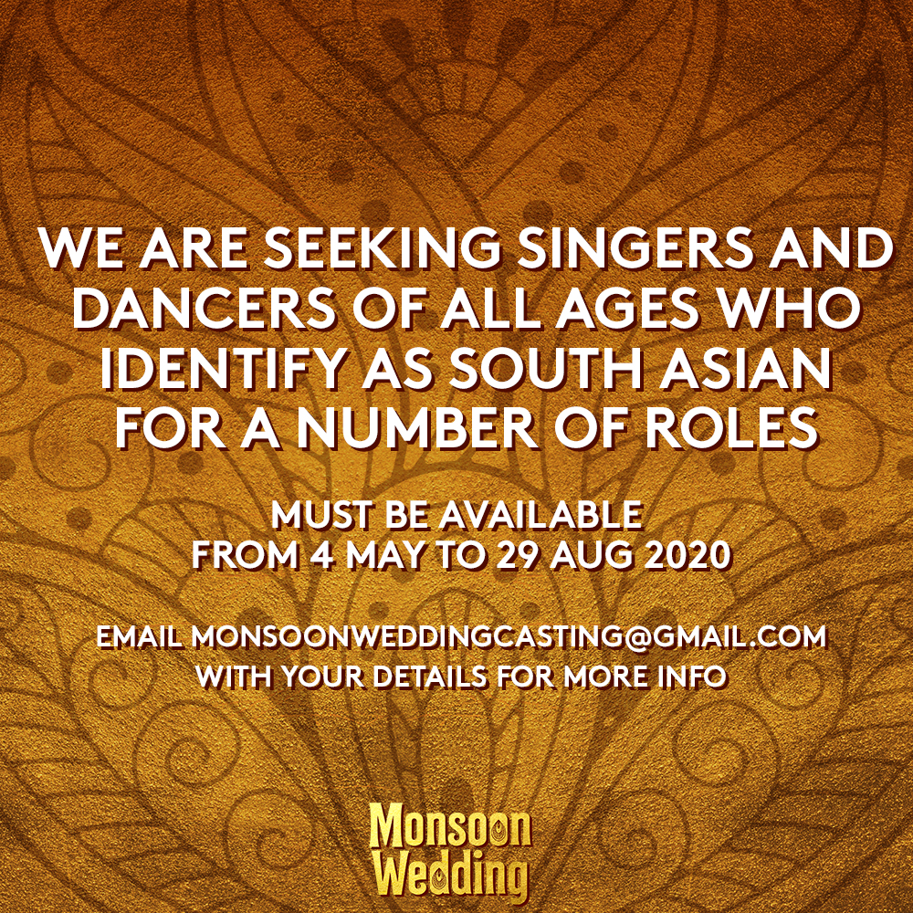 📣 Casting Call 📣
Want to join the Wedding of the season!? We're looking for singers and dancers for a number of roles in #MonsoonWedding at the Leeds Playhouse & The Roundhouse this summer.
Contact monsoonweddingcasting@gmail.com for more info.