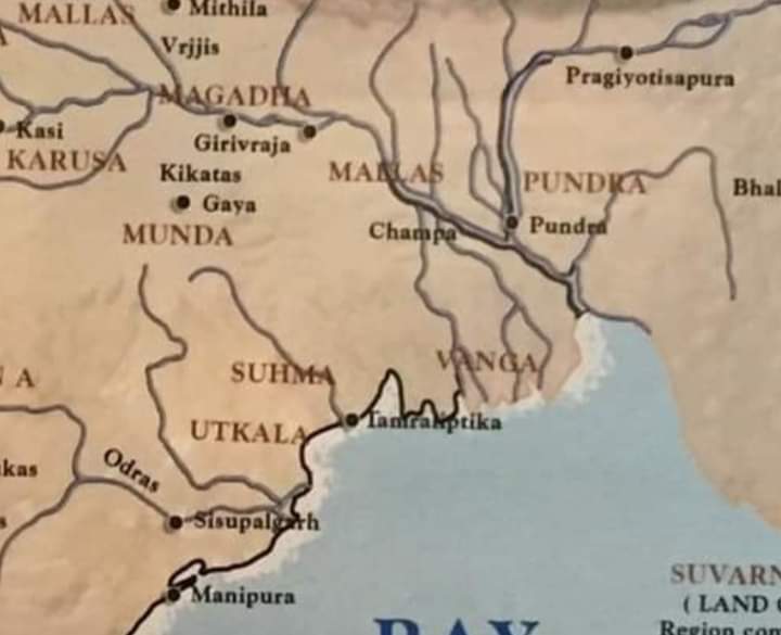 Today's Manipur in NE India was actually renamed by Vaishnava migrants from this place. To the north of Brahman river was the country of "Utkalas". To its North in the Padma basin was the country of "Vanga", which is today's Padma Delta of southern Bangladesh.