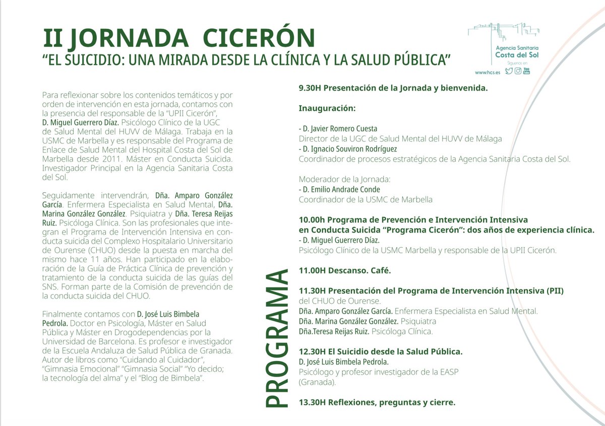 II Jornada Cicerón "El #Suicidio: Una mirada desde la clínica y la #Salud Pública"
📅 Viernes, 17 de abril 
🏥 𝗛𝗼𝘀𝗽𝗶𝘁𝗮𝗹 𝗱𝗲 𝗔𝗹𝘁𝗮 𝗥𝗲𝘀𝗼𝗹𝘂𝗰𝗶ó𝗻 #Benalmádena
📝 ➕ℹ ➡ saludmental@hcs.es
📲 Programa bit.ly/39Hi3Dn
#Prevención #SaludMental