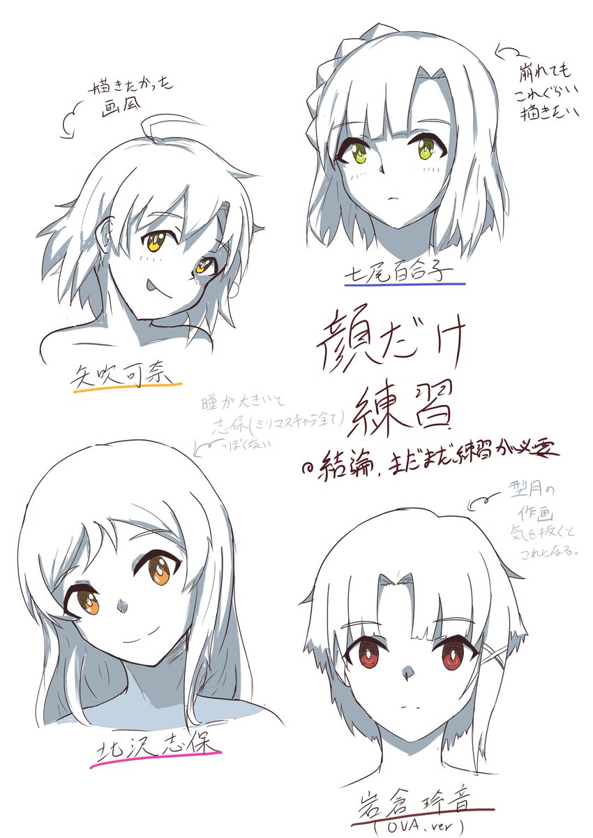 昨日の作画の崩壊が酷かったので、練習しました。
瞳を目尻に合わせることが大事だなと思いました。 
