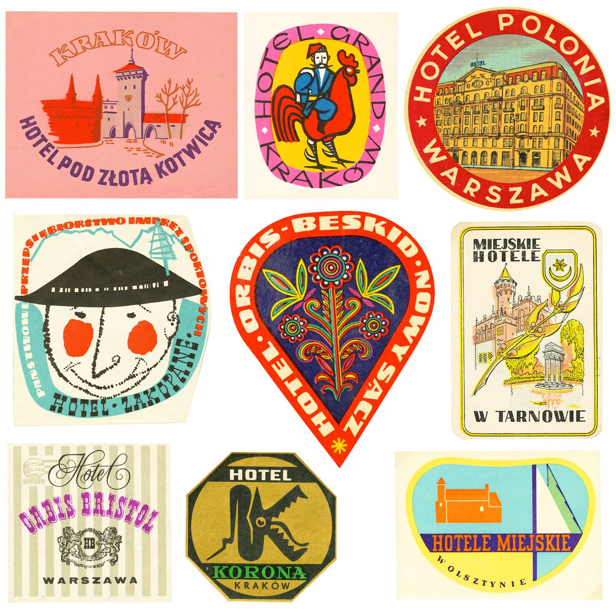 Hotel luggage labels, Poland, ca. 1960s–70s.