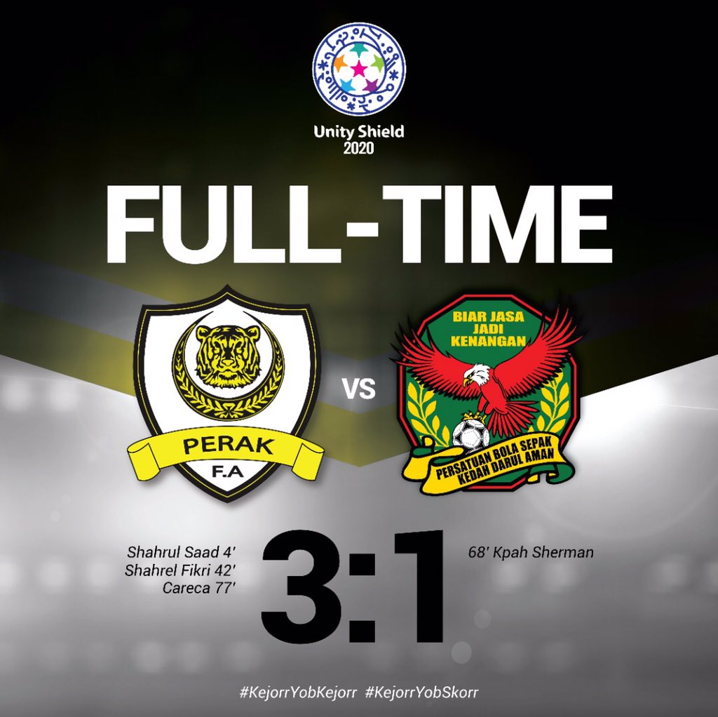 KopaMedia's tweet photo. 90’ | TAMAT! UNITY SHIELD MILIK PERAK!
Keputusan Masa Penuh #UnityShield 2020
FT: Perak 3-1 Kedah
4’ Shahrul Saad-PRK
42’ Shahrel Fikri-PRK
68’ Kpah Sherman-KED
77’ Careca-PRK
#KejorrYobKejorr
#KejorrYobSkorr https://t.co/UuM9XCwirk