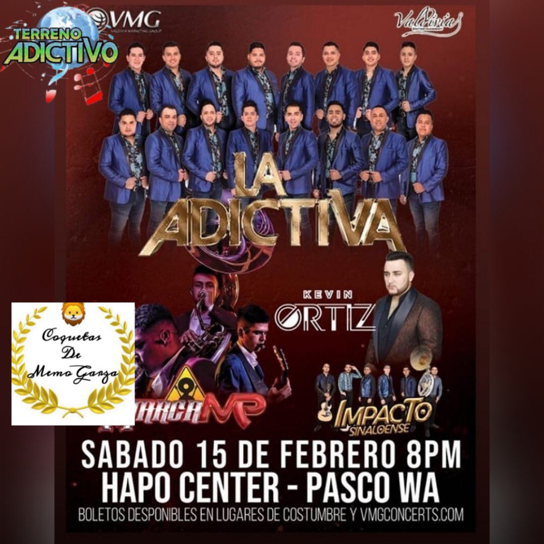 lauriithaGarzaa's tweet photo. Este 15 de Febrero llega 
La mejor banda  #LaAdictiva🎶 
 HAPO CENTER- PASCO WA
en punto de más 8: pm🥰❤️
Ven a cantar y bailar todos sus éxitos y a pasar una Gran #NocheAdictiva💕
#Escondidos 
#ElAmorDeMiVida
#ConTodoIncluido
#DEELE😘
@CoquetasDe
@TerrenoAdictivo
@dianacullen28 https://t.co/TVrWJawUFl