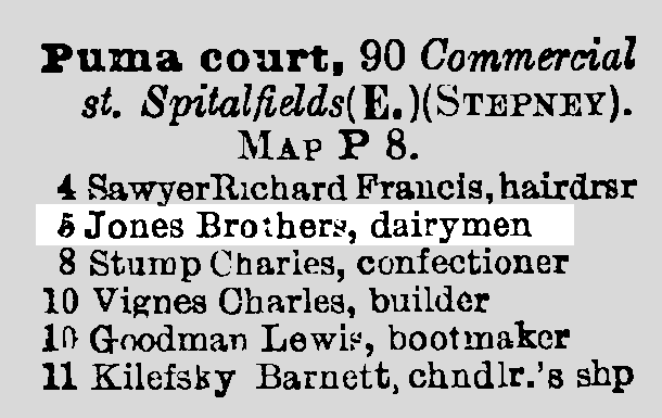<a href="/ghostsigns/">Ghostsigns (Sam Roberts)</a> <a href="/VictorianLondon/">Lee Jackson</a> <a href="/ALI57AIR/">Ali57air</a> Just found this in the Post Office London Directory 1910 Street Directory:

5 [Puma Court] Jones Brothers, dairymen

The shop #ghostsign is at 6 (on both doors in the wide shot).