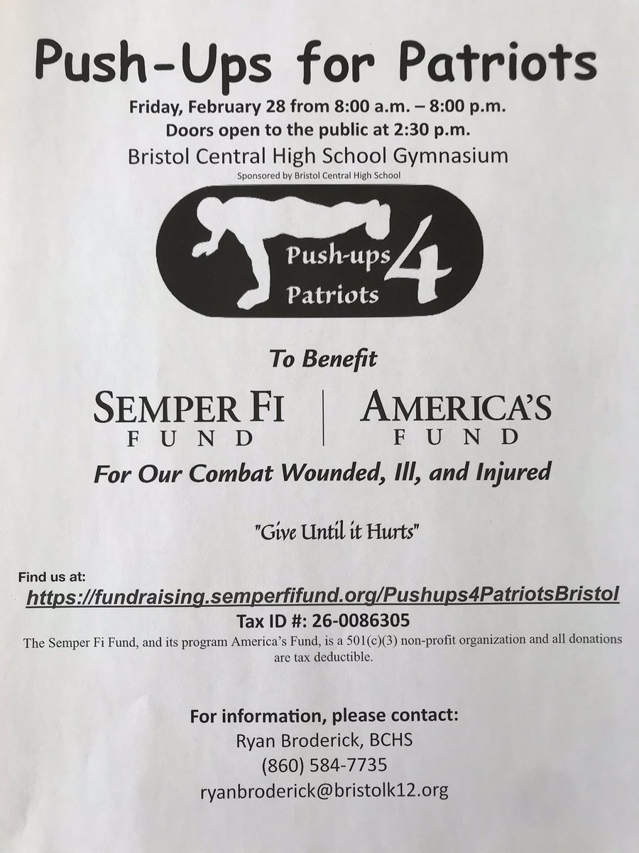 Push-Ups for Patriots is back! February 28th at BCHS. Over 1,000 people have done over 1,000,000 push-ups and raised more than $20,000 in the past 5 years. Looking forward to another great event. Give Until It Hurts.<a href="/SemperFiFund/">Semper Fi & America's Fund</a> <a href="/BCHSprincipal/">Pete Wininger</a> 

fundraising.semperfifund.org/Pushups4Patrio…
