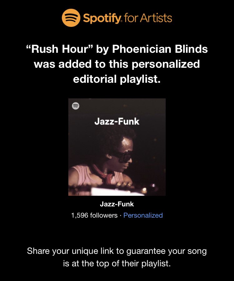 Thanks to the folks at <a href="/Spotify/">Spotify</a> <a href="/SpotifyUK/">Spotify UK & Ireland</a> for adding Rush Hour to their Jazz-Funk playlist 🚀🎧 Some tasty stuff up there, go check it out!
#spotify #ukjazz #londonjazz #phoenicianblinds