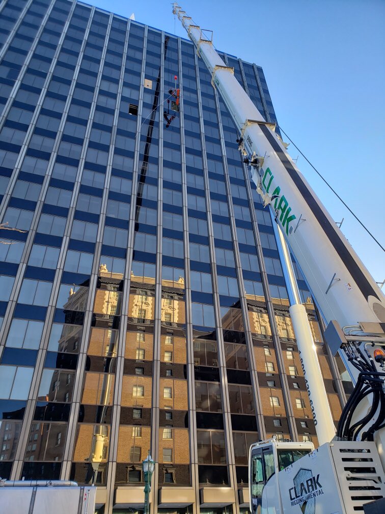 CBDCompanies's tweet photo. It’s an exciting morning for our CBD crew on the Cadaret Grant project! Materials are being craned through the window on the 13th floor of AXA Tower 1. It’s a cold morning for all involved, but great progress is being made on this project #construction #crane #syracuse #progress https://t.co/hsUjoUx62t