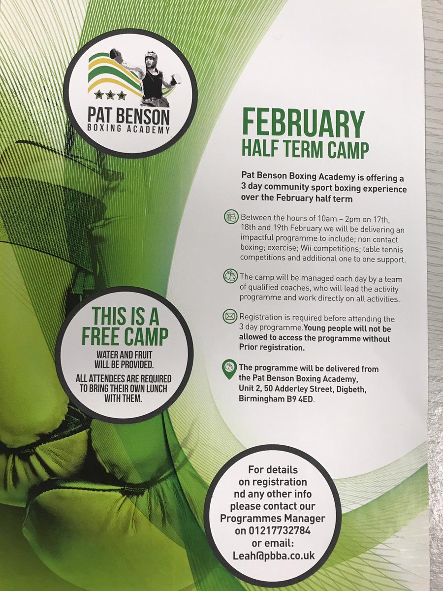 patbensonboxing's tweet photo. Very pleased to welcome back our highly successful free holiday camp. This time, it will run on Mon 17th, Tue 18th and Wed 19th February, from 10am - 2pm. Please contact Leah@pbba.co.uk or phone @patbensonboxing on 0121 773 2784 for pre-registration information. https://t.co/8kx5Sfocc1
