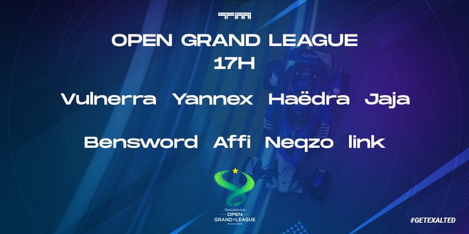 Exalty_FR's tweet photo. #Trackmania 🏎️

The last step for Trackmania Open Grand League start now ! 

-@HaedraTM
-@neqzorl
-@numidzic
-@Affi1606
-@YannexTM
-@tm2link
-@BenswordTm
-@VulnerraVB

@YannexTM stream from the @CharityEvent_fr, Come to support him 🤗

📺https://t.co/Dc5SgLimla

#GetExalted 💙💜 https://t.co/BX9KzNHhpi