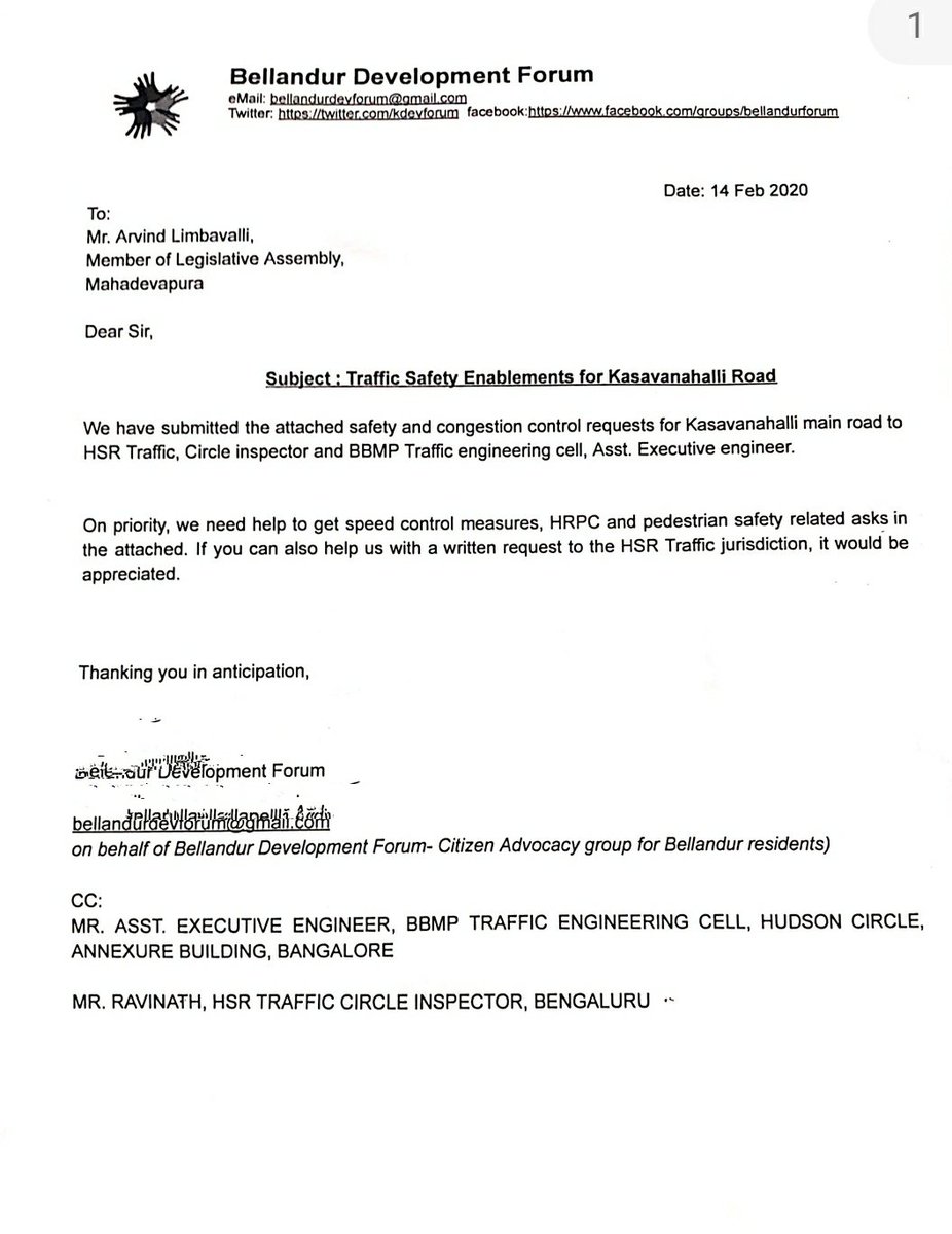 kdevforum's tweet photo. @ArvindLBJP sir,as road restoration is in progress we sent attached request to your office &amp; also met @hsrltrafficps CI for attached ask of Kasavanahalli road.On priority we need HRPC(6 of them),Kaikondrahalli signal,no parking &amp; footpath encroachment drives daily basis.Pls help! https://t.co/VtQ03a8CMC