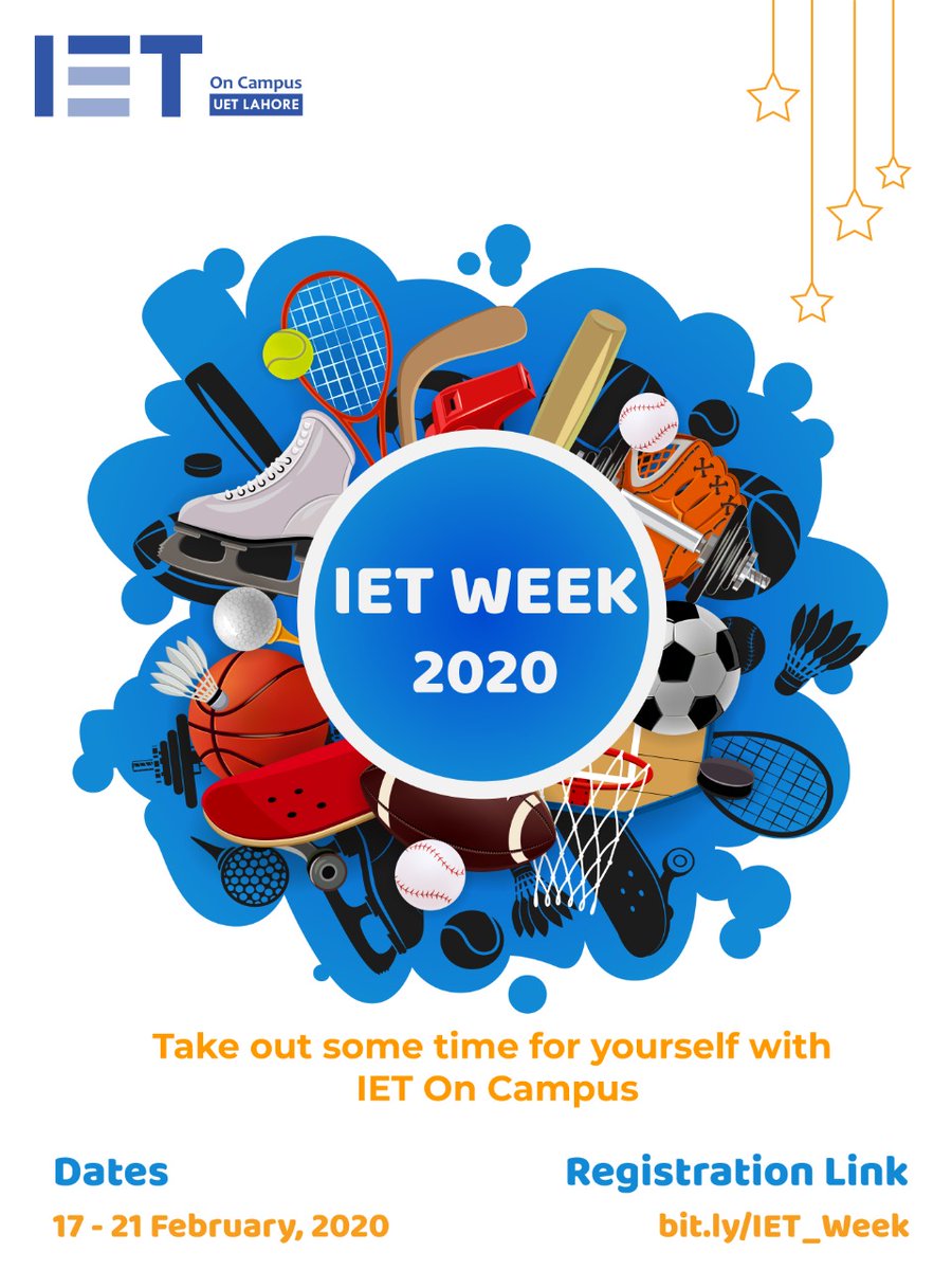 IETOnCampusUET's tweet photo. IET Week is being organized for the IETians to provide them with an opportunity to interact with other members of the society.
Duration: 17-21 Feb, 2020
Registration Link: https://t.co/JzEf5tQ3z2
Registration Deadline: 16 Feb, 2020
#IET_Week
#IETOnCampus
#UETLahore https://t.co/w7wcBLJmzc