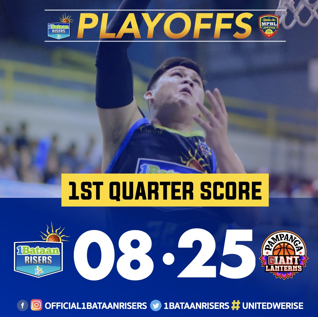 FIRST QUARTER SCORE UPDATE: 9-25 for Pampanga LABAN BATAAN! 👊

#1BATAANRISERS #UnitedWeRise #CamayaCoast #MPBLPlayoffs #NorthDivision #MPBL #LakanSeason3 #LigaNgBawatPilipino