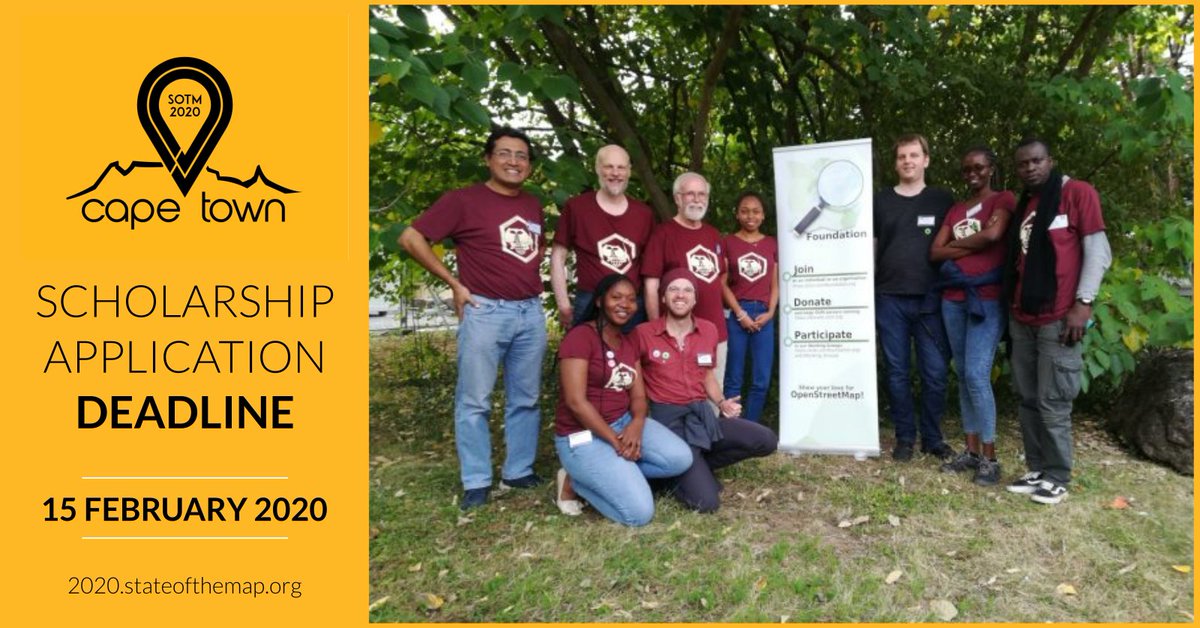 State of the Map 2020 Scholarship application  DEADLINE! Just a quick reminder. We don’t want high travel costs to get in the way of talented individuals joining the fun. Apply NOW! blog.openstreetmap.org/2020/01/18/sot…  #sotm #sotm2020 #OpenStreetMap