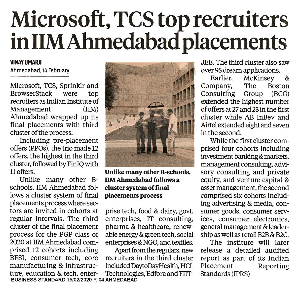 VSLIIMA's tweet photo. @Microsoft , @TCS , @browserstack , Sprink top recruiters at @IIMAhmedabad 

Including pre-placement offers (#PPOs), the trio made 12 offers, the highest in the third cluster, followed by #FinIQ with 11 offers. - @bsindia 

@MEDIAIIMA https://t.co/oJGKDNc0CN